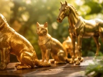 金の猫と馬のフィギュア