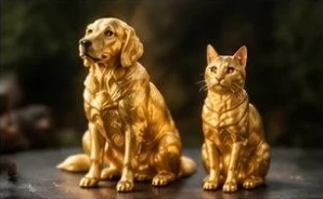 金の犬と猫のフィギュア