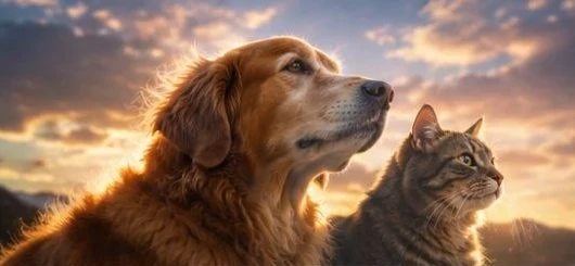 夕日を見上げる犬と猫